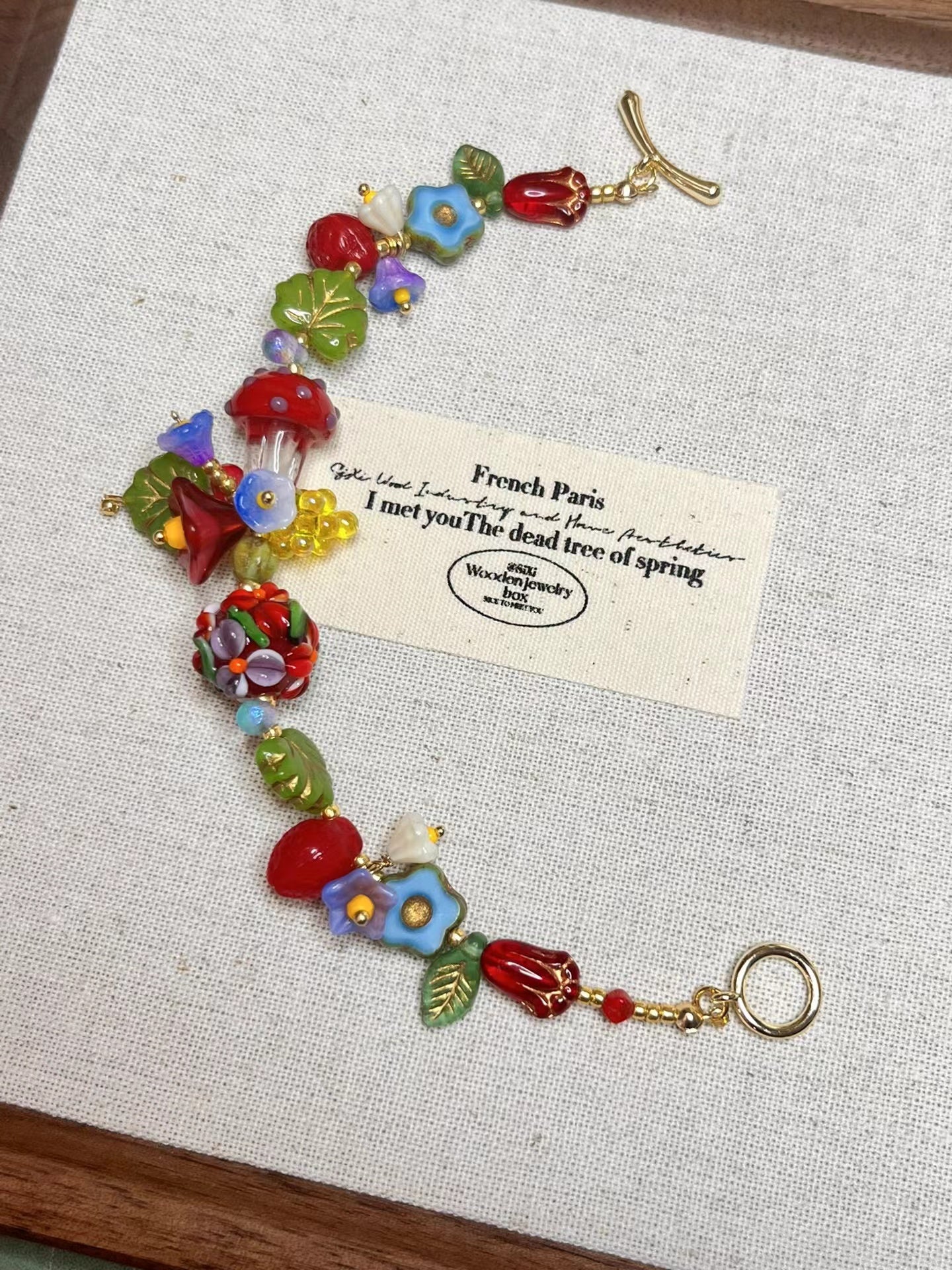 Beaded Mushroom Bracelet, Fairycore Cottagecore Bracelet, Czech Glass Beads Jewelry, Gift for her
