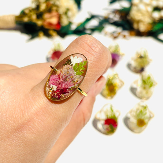Adjustable Birth Flower Gold Ring, Statement Flower Rings, Handmade Resin Rings, Birthday Gift for Her