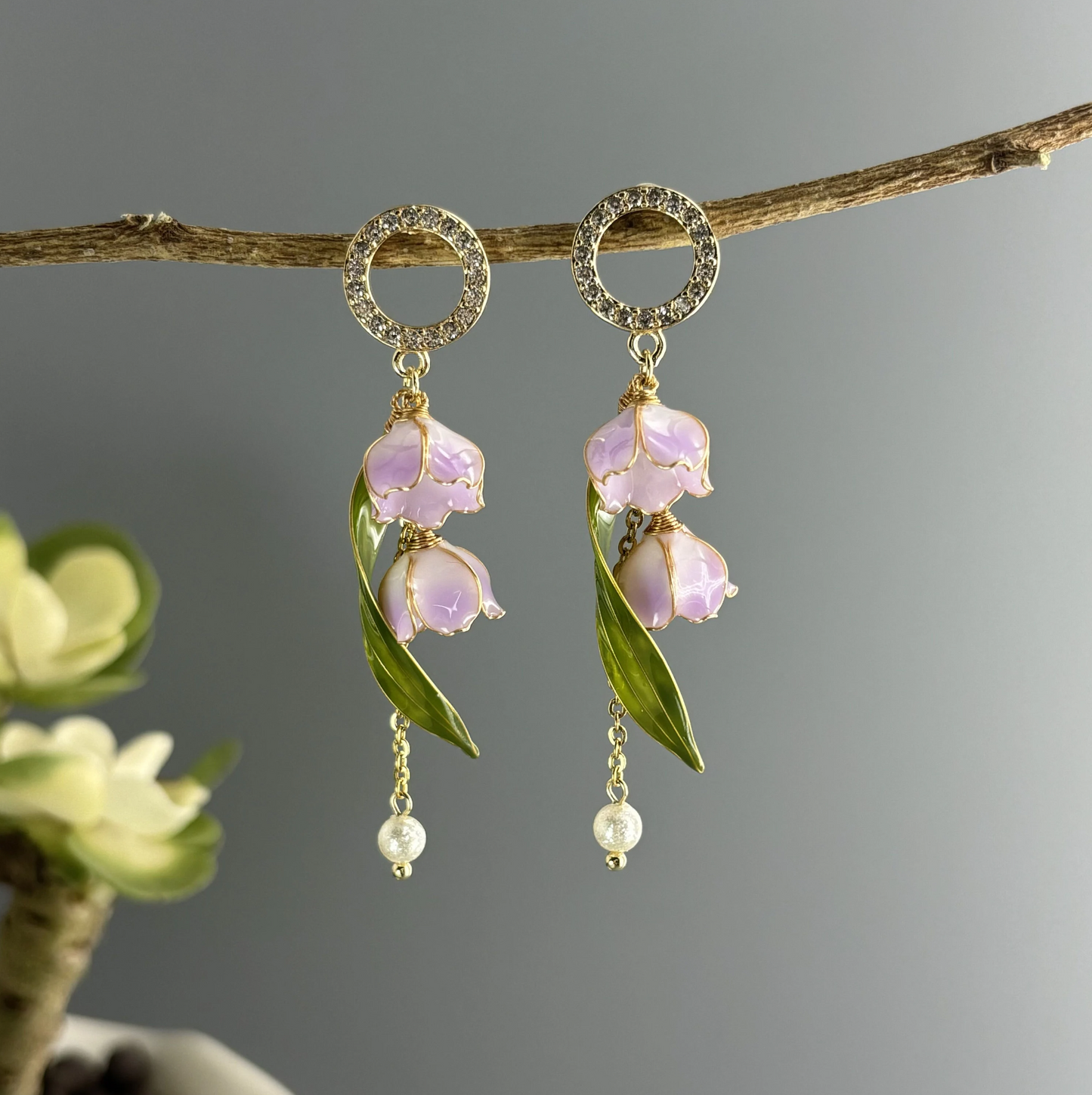 Lily of the Valley Floral Earrings, Nature Fairy Wire Wrapped Resin Handmade Jewelry, Cute Kawaii Dangle Drop Earrings, Wedding Gift for Her