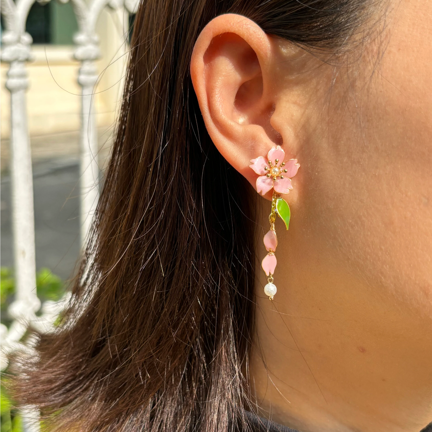 Sakura Flower Earrings, Cute Kawaii Nature Fairy Earrings, Wire Wrapped Resin Plant Dangle Drop Jewelry, Mothers day gift for Her