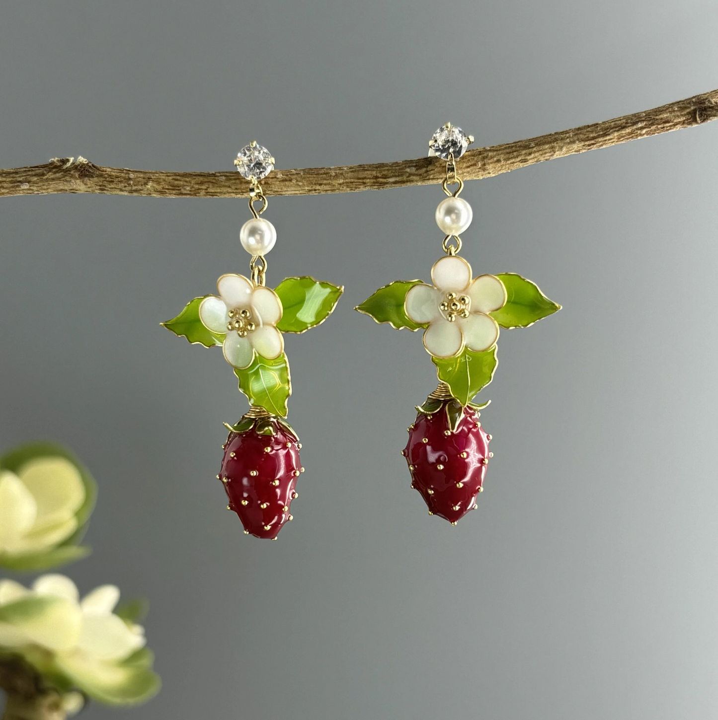 Fruit Food Strawberry Earrings, Cute Kawaii Nature Fairy Earrings, Wire Wrapped Resin Plant Dangle Drop Jewelry, Mothers day gift for Her
