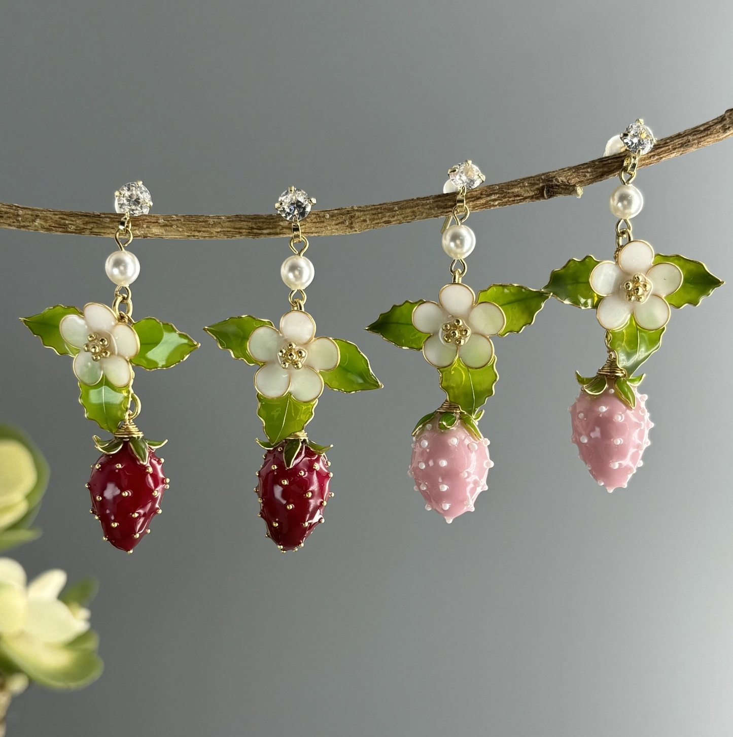Fruit Food Strawberry Earrings, Cute Kawaii Nature Fairy Earrings, Wire Wrapped Resin Plant Dangle Drop Jewelry, Mothers day gift for Her