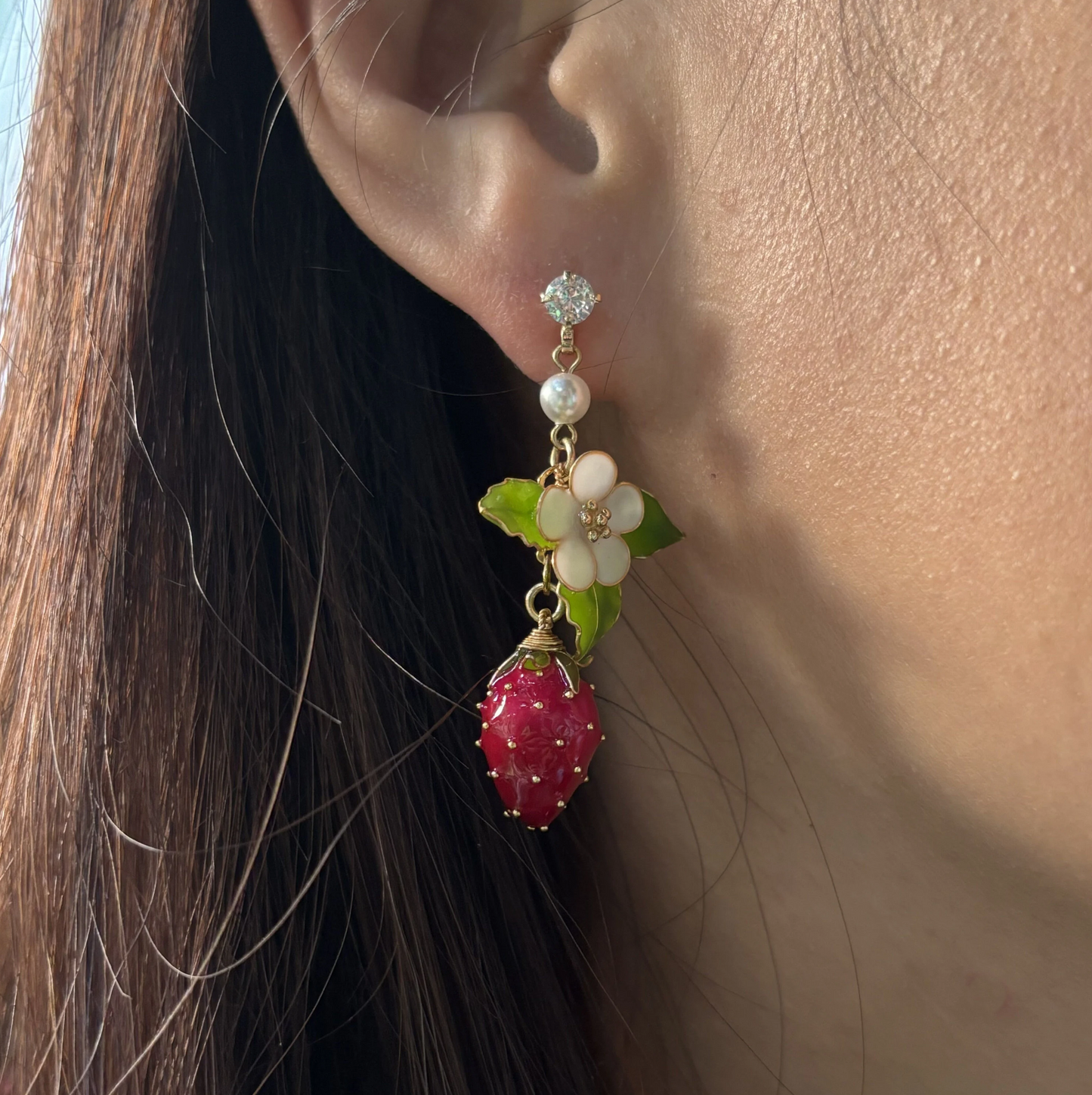 Fruit Food Strawberry Earrings, Cute Kawaii Nature Fairy Earrings, Wire Wrapped Resin Plant Dangle Drop Jewelry, Mothers day gift for Her
