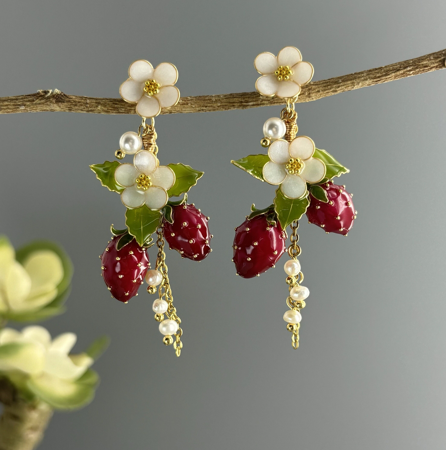Strawberry Earrings, Cute Kawaii Fruit Food Earrings, Nature Fairy Wire Wrapped Resin Dangle Drop Jewelry, Mothers day Wedding gift for Her