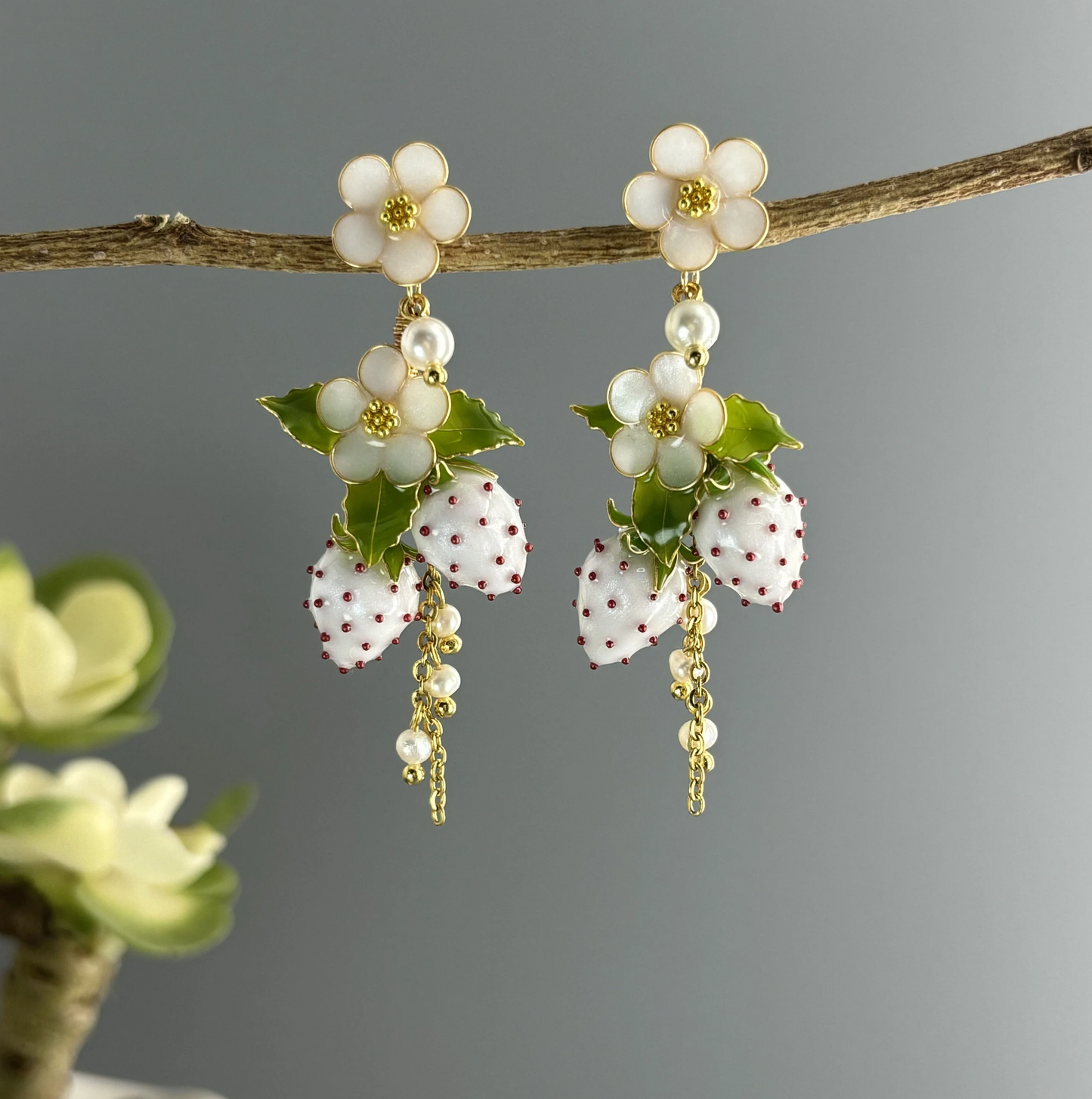 Strawberry Earrings, Cute Kawaii Fruit Food Earrings, Nature Fairy Wire Wrapped Resin Dangle Drop Jewelry, Mothers day Wedding gift for Her