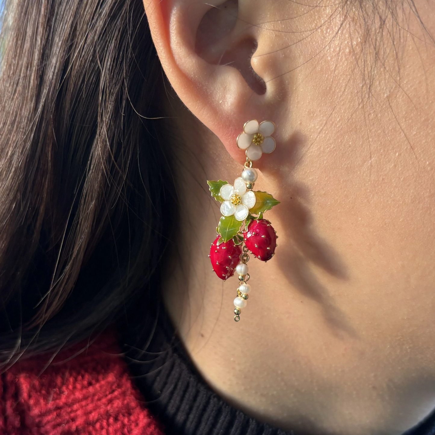 Strawberry Earrings, Cute Kawaii Fruit Food Earrings, Nature Fairy Wire Wrapped Resin Dangle Drop Jewelry, Mothers day Wedding gift for Her