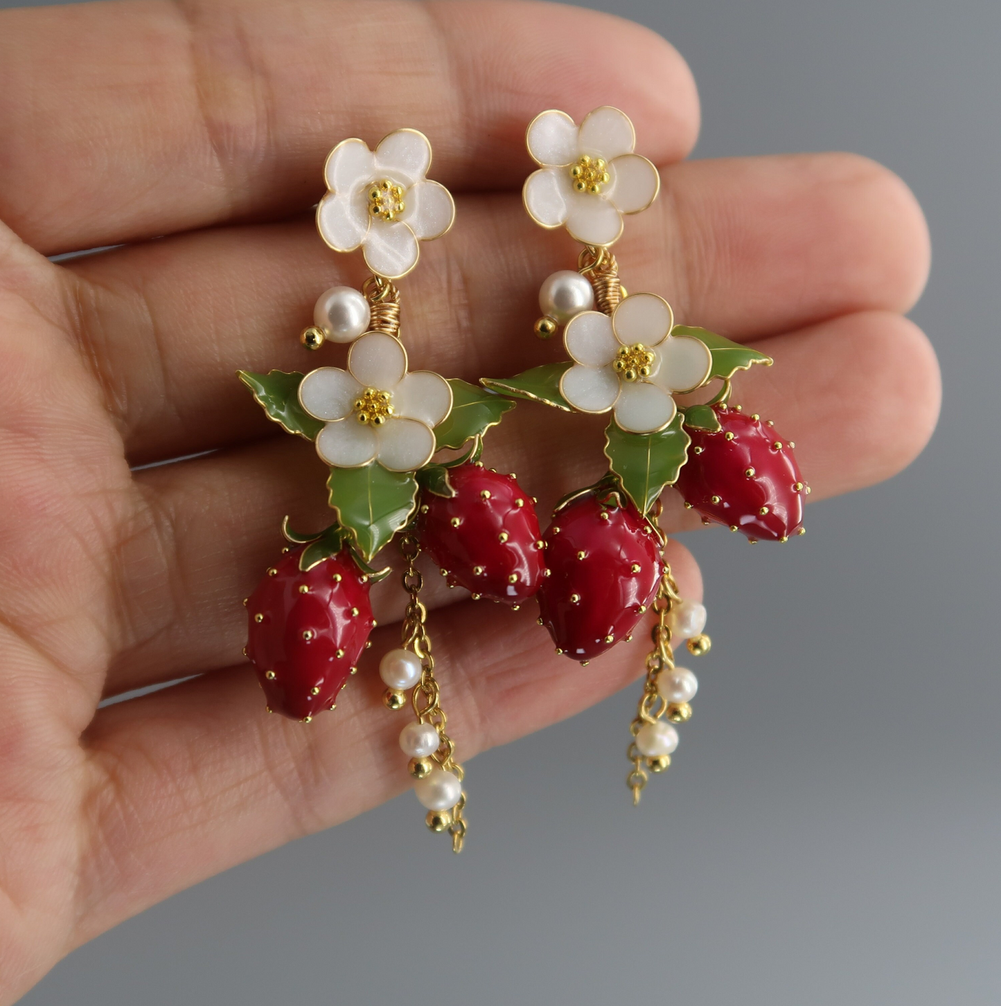 Strawberry Earrings, Cute Kawaii Fruit Food Earrings, Nature Fairy Wire Wrapped Resin Dangle Drop Jewelry, Mothers day Wedding gift for Her