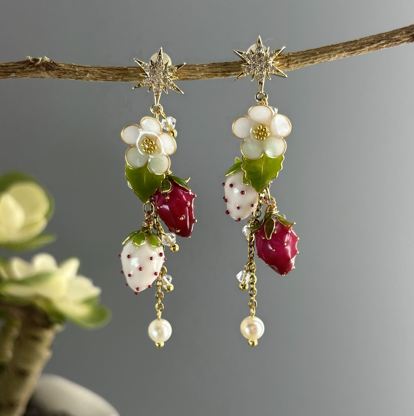 Fruit Food Strawberry Earrings, Cute Kawaii Spring Earrings, Nature Wire Wrapped Resin Dangle Drop Jewelry, Mothers day Wedding gift for Her