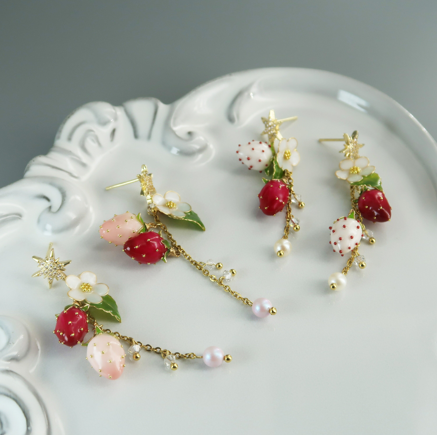 Fruit Food Strawberry Earrings, Cute Kawaii Spring Earrings, Nature Wire Wrapped Resin Dangle Drop Jewelry, Mothers day Wedding gift for Her
