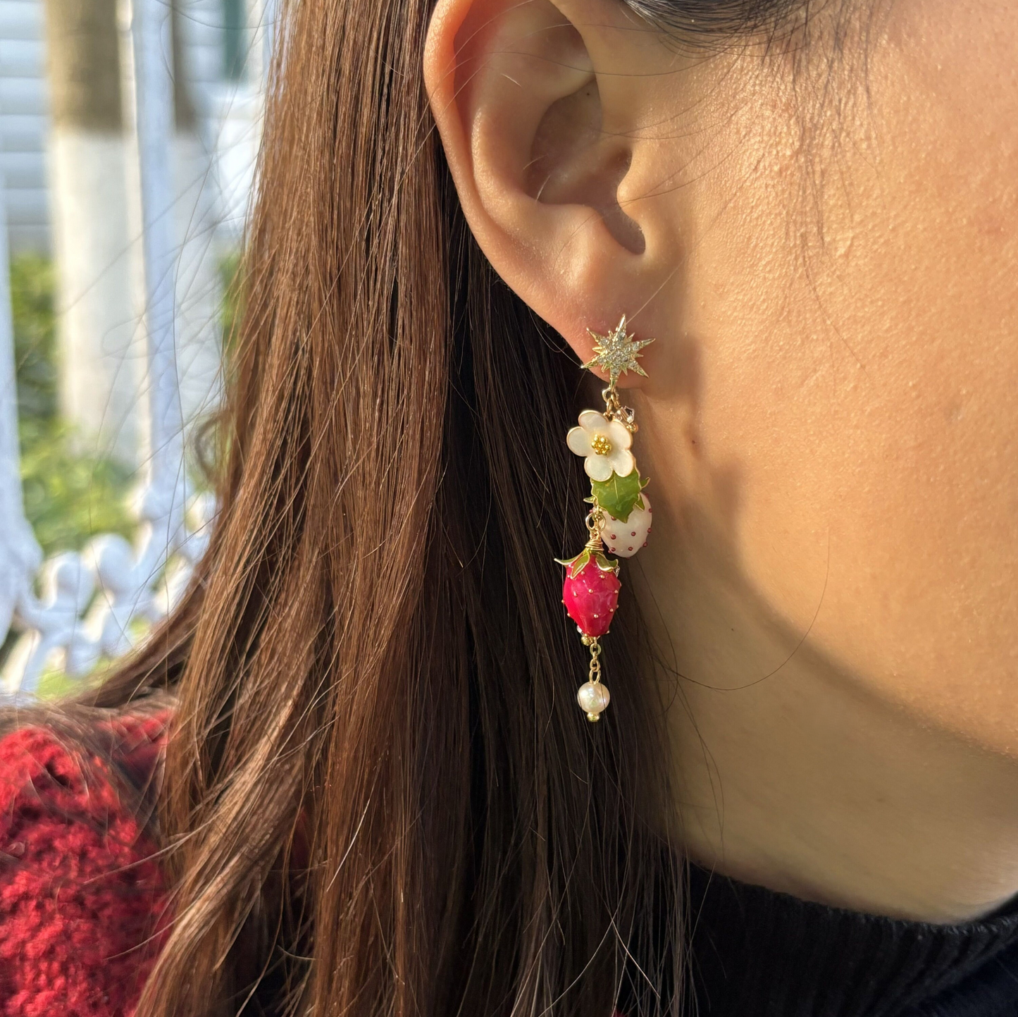 Fruit Food Strawberry Earrings, Cute Kawaii Spring Earrings, Nature Wire Wrapped Resin Dangle Drop Jewelry, Mothers day Wedding gift for Her