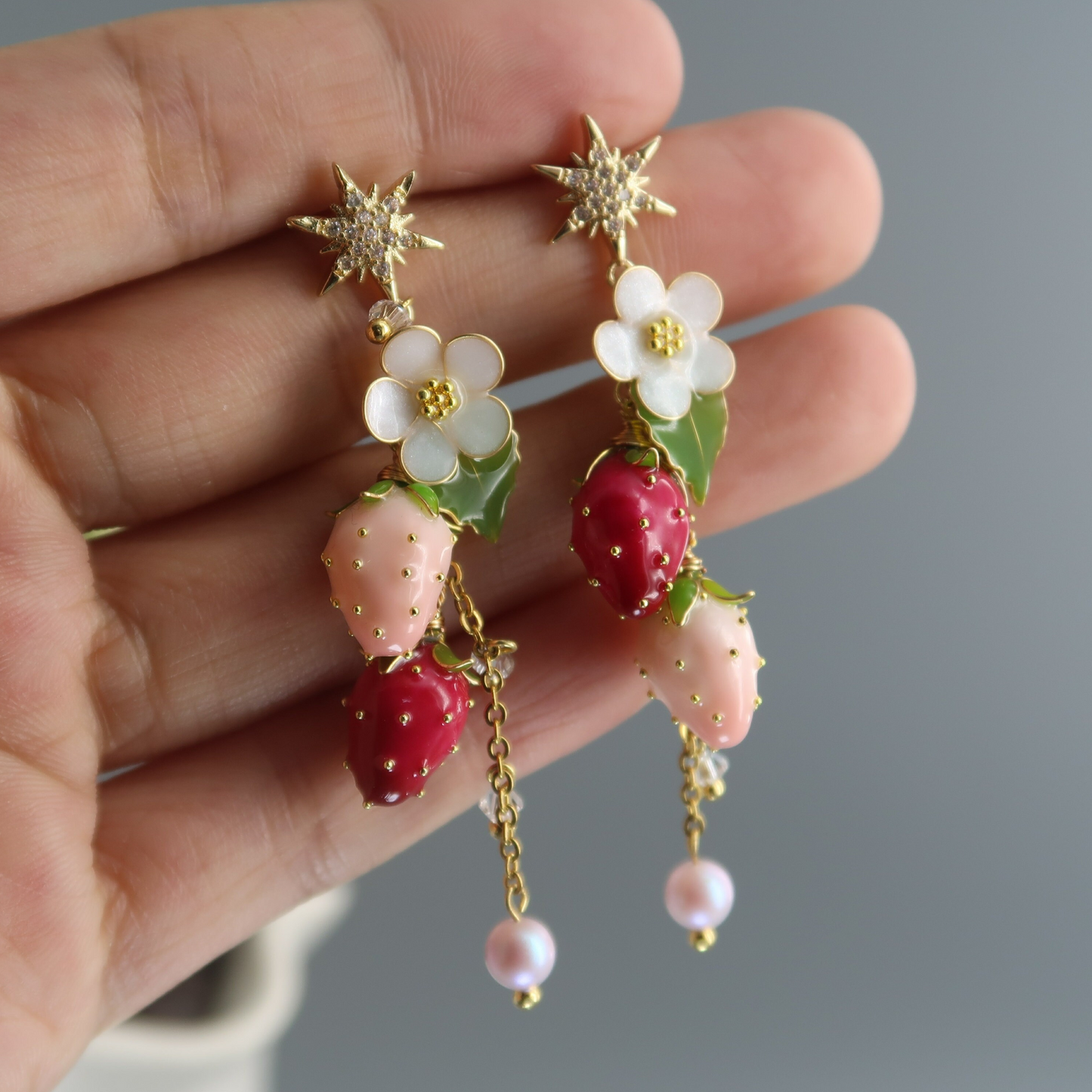 Fruit Food Strawberry Earrings, Cute Kawaii Spring Earrings, Nature Wire Wrapped Resin Dangle Drop Jewelry, Mothers day Wedding gift for Her